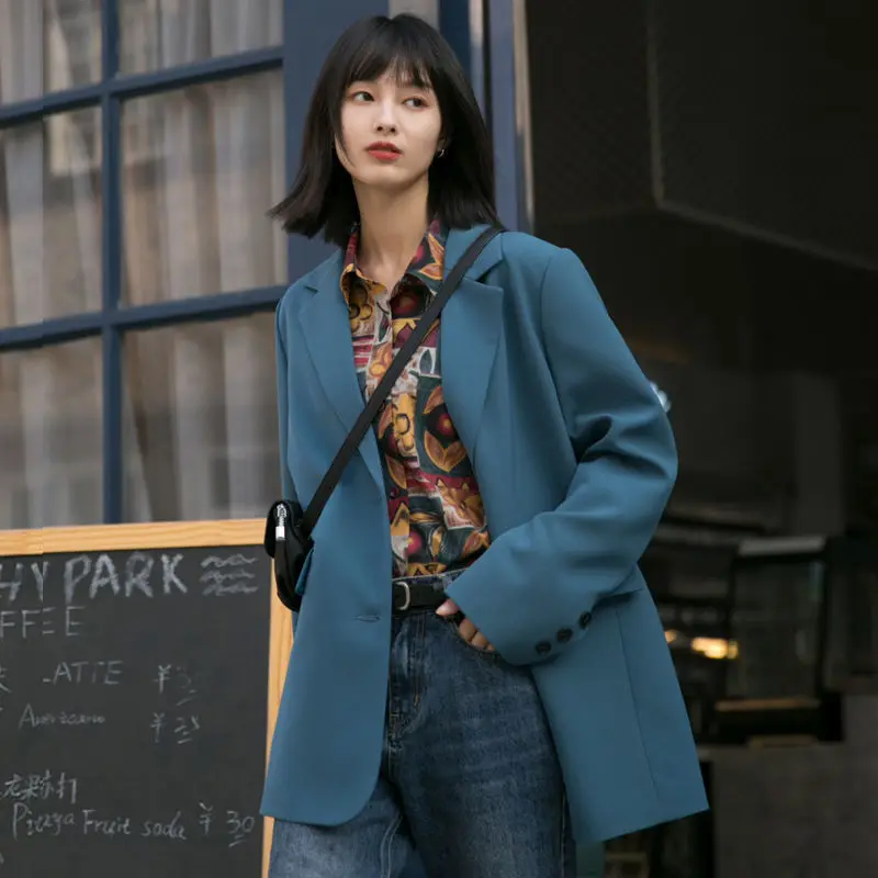 

PEONFLY Women's 2021 Fashion Single Breasted Solid Color Blazer Coat Vintage Long Sleeve Pockets Female Outerwear Chic Tops