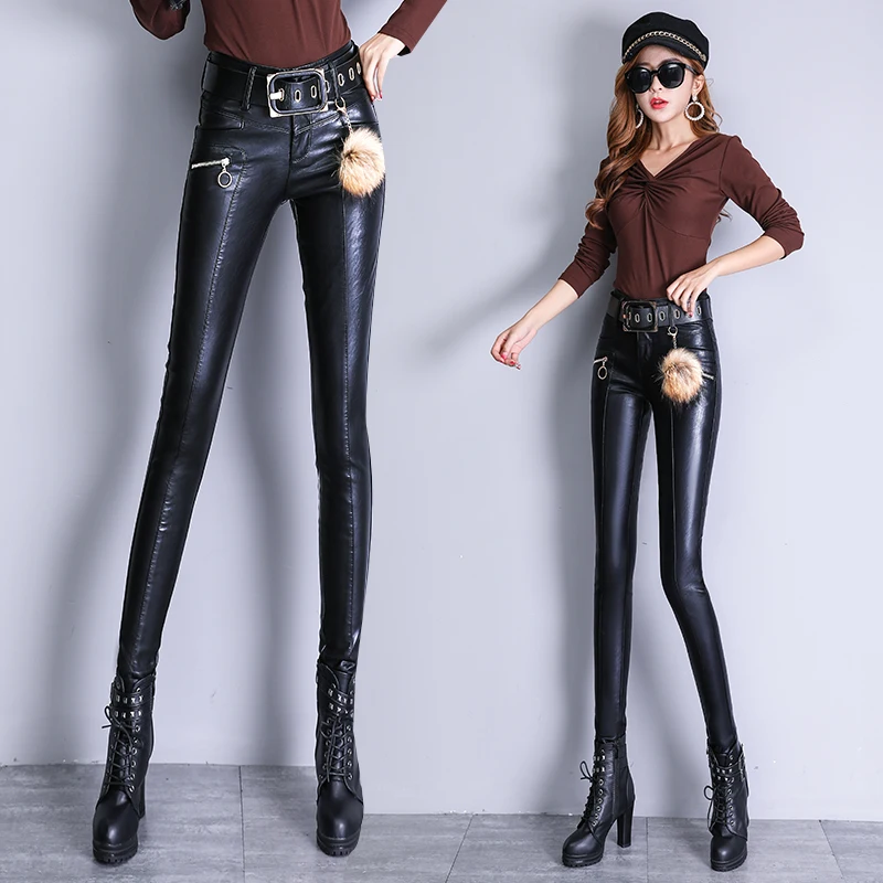 Women's PU Leather pants Skinny high waist Faux Leather pants velvet thick winter PU Pencil pants women pants wear PU trousers