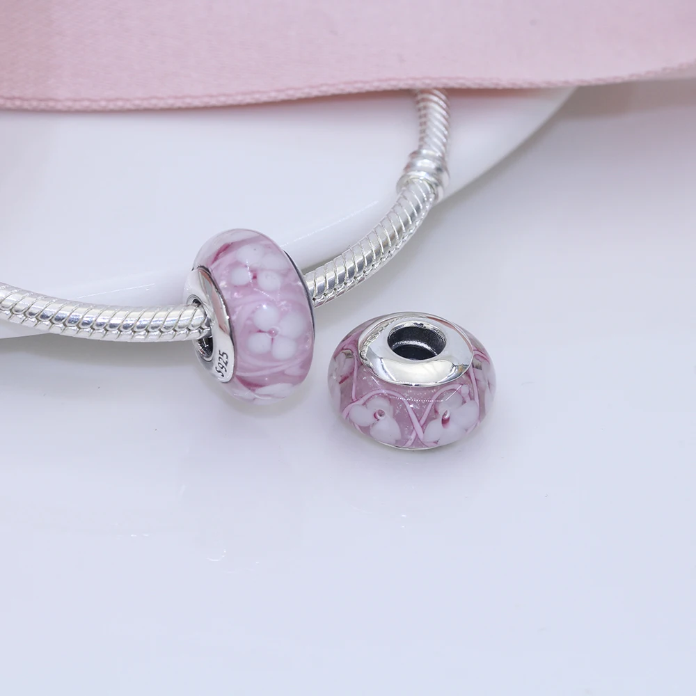 

Fit Original Pandora charms bracelet beads S925 sterling silver Pink Flower Sea Glazed Bead Female Fashion Jewelry