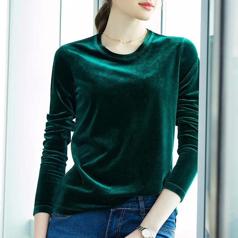 

Women's gold velvet top autumn new Korean long-sleeved women's T-shirt was thin round neck black inner top long sleeve top