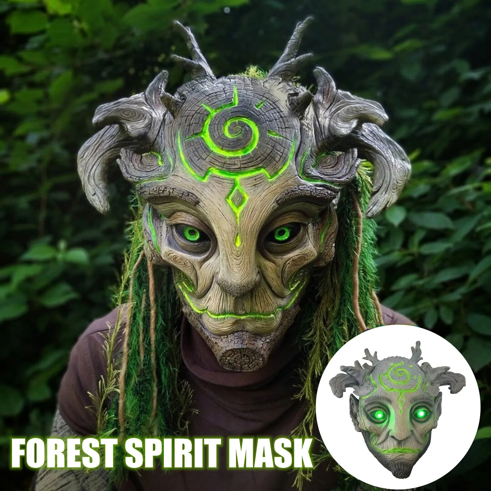 

Лесной эльф, маска-хранитель, светящаяся, для Хэллоуина, игрушка, ужас, лицо дерева, зеленые глаза, фотография, шлем, реквизит для карнавала