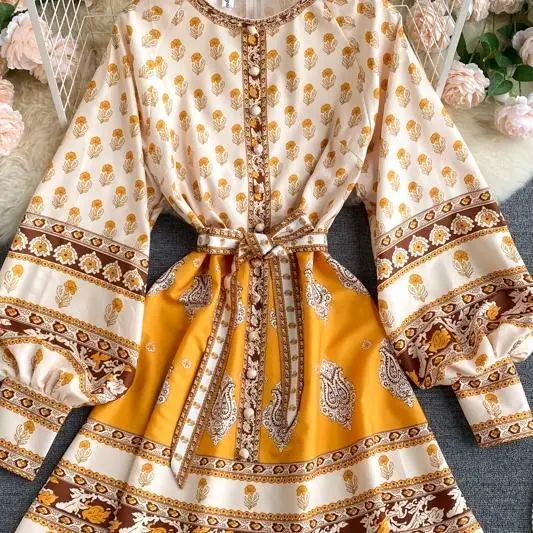 

2021 Court Autumn Dress New Stand-up Retro Single-row Buckle High Waist Print Long Sleeve Elegant Korean Harajuku Vestidos