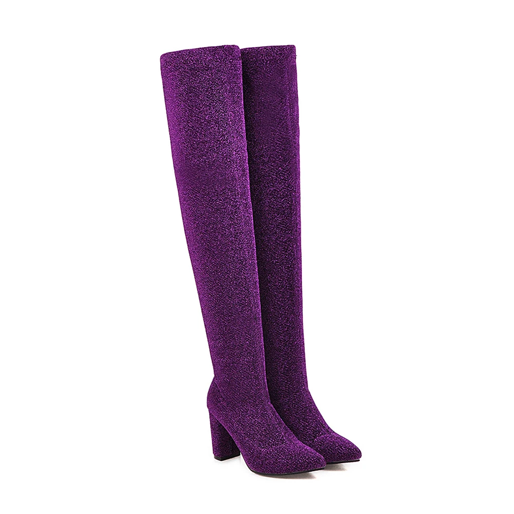 Purple Thick Lining Г. Новые удобные женские сапоги до бедра фиолетового и черного цвета пикантные женские сапоги для верховой езды на высоком каблуке LC196, большие размеры 10, 43, 46, 48 - Цвет: Purple Thick Lining
