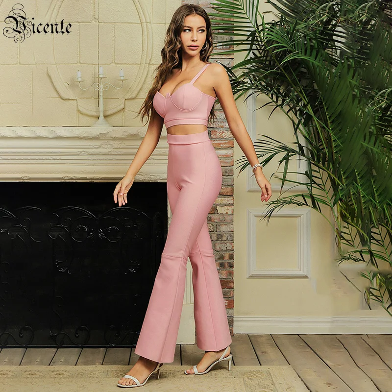 

VC Two-Piece Trousers Sleeveless Backless V-Neck Sling Small Top Micro Flare Pants Bandage Two-Piece Set