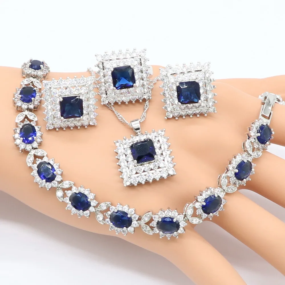 

Женский ювелирный комплект из колье и серёг, из стерлингового серебра с синим цирконием