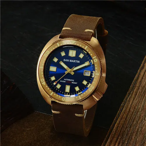 full luminous blue San Martin, новинка 6105, часы для дайвинга с бронзовым тунцом, Водонепроницаемость 200 м, Акула, кожаный ремешок, Мужские автоматические наручные часы для мужчин - Цвет: full luminous blue