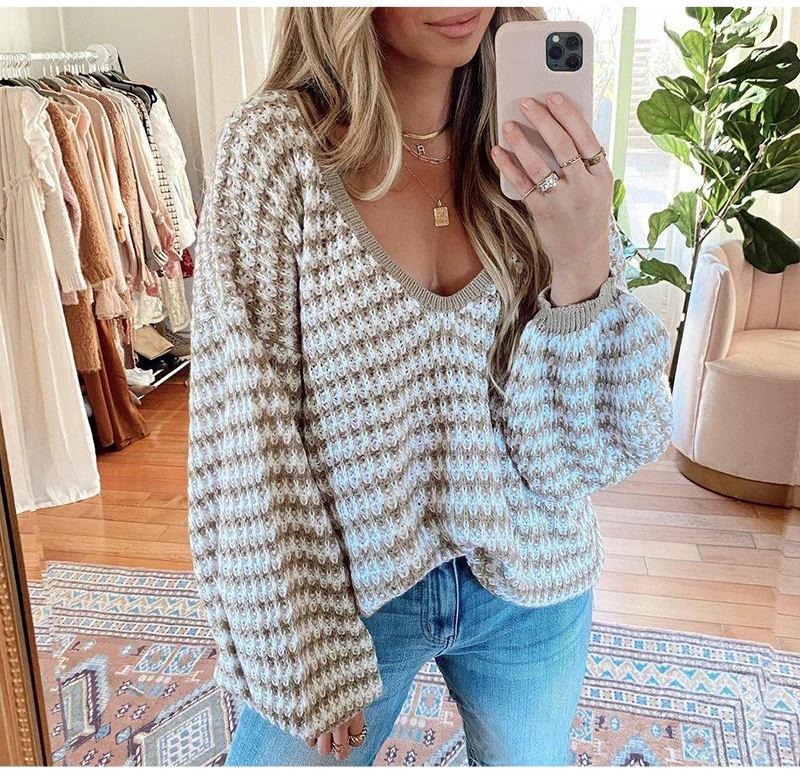 

Oversize V Neck Sweater Woman Striped Long Puff Sleeve Loose Fit Ribbed Edge Pullovers New 2021 Autumn Lady Street Knits