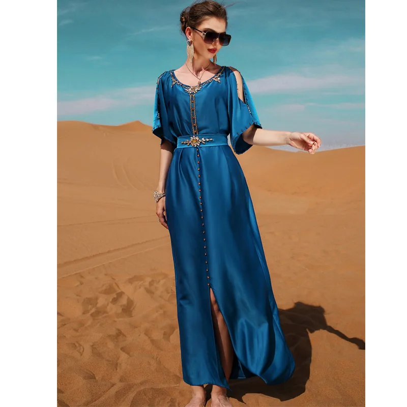 Женское атласное платье макси со стразами, модное мусульманское платье ручной работы, абайя, марокканский кафтан, вечерние платья Дубая