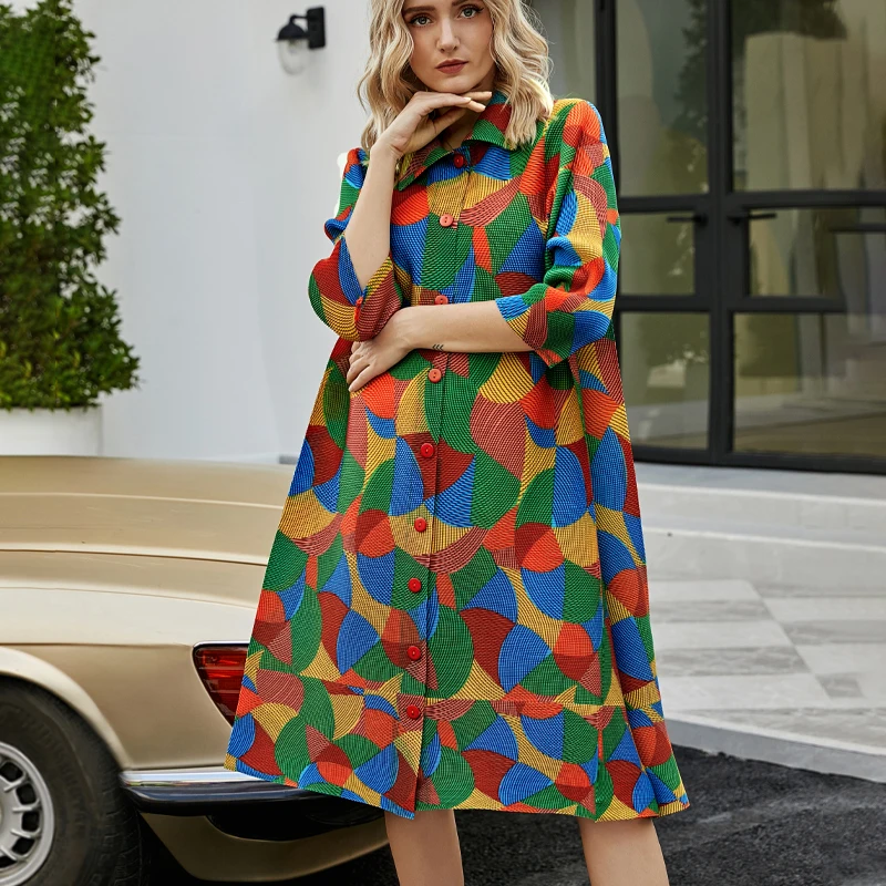

New autumn winter geometric puzzle dress Turn-down Collar long plus size women button up dress indie aesthetic clothes 5451