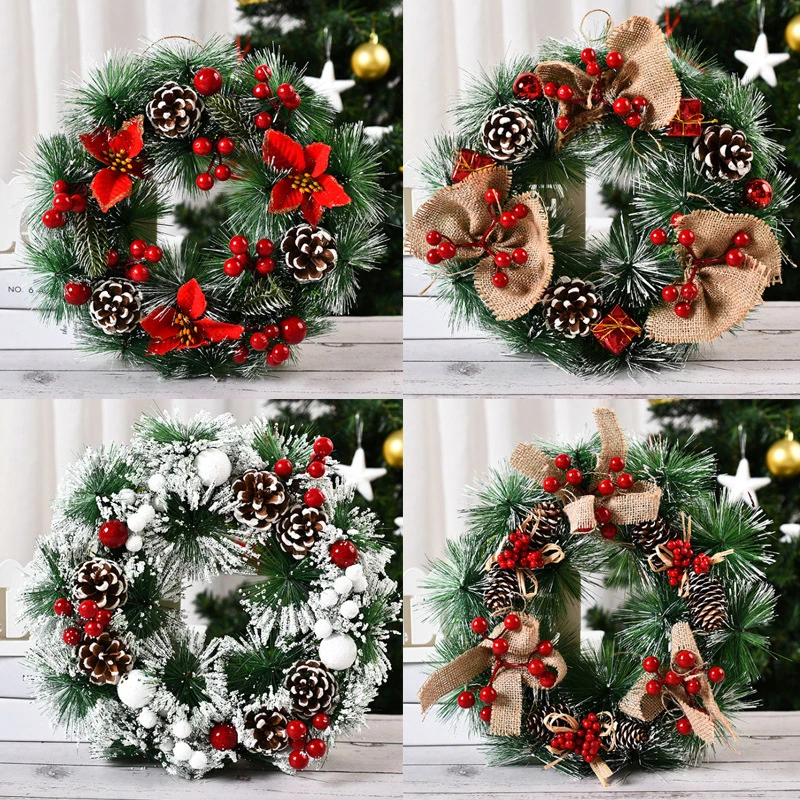 

2022 New Christmas Wreath for Home Decor Imitation Snow Leaf Flower Pine Nuts 12.5 Inch Xms Wreaths for Outdoor Ornaments