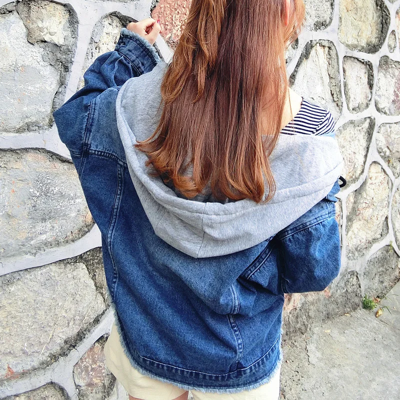 

Fashion Hooded Batwing Sleeve Blue Jeans Jacket Coat Women Outerwear 2022 Autumn Korean Loose Short Frayed Denim Jacket Female