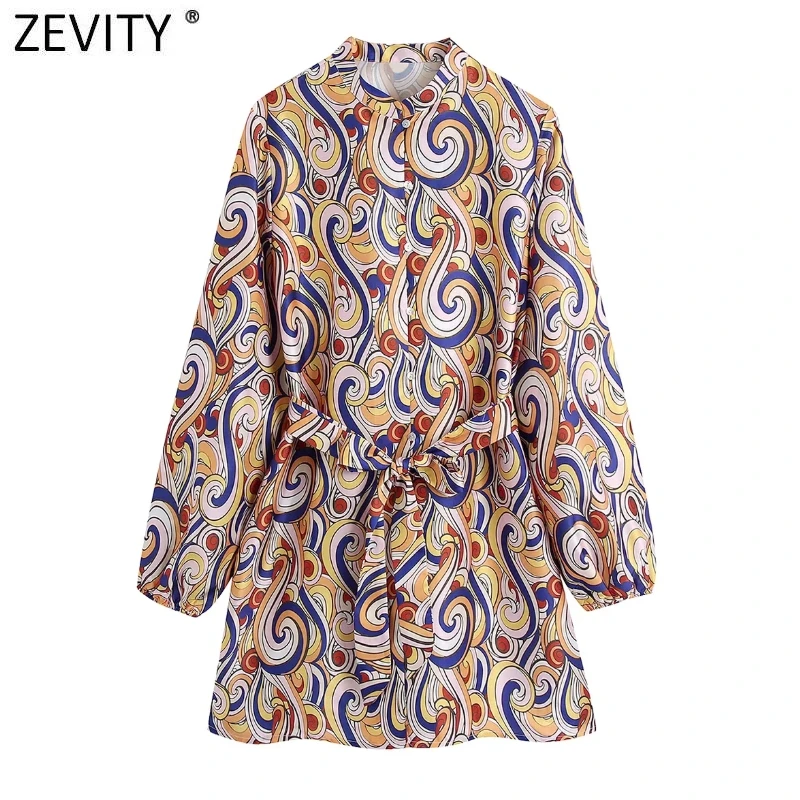 

Zevity Women Vintage Paisley Pattern Print Sashes Shirtwaist Dress Female Chic Lantern Sleeve Casual Kimono Mini Vestidos DS9092