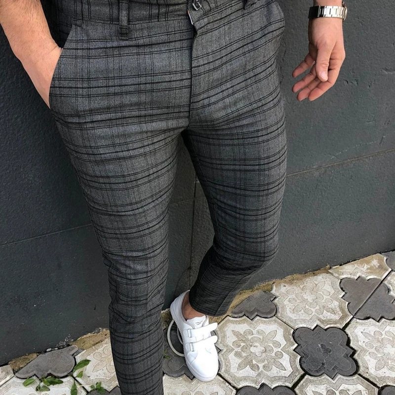 

Men's Casual Pants Plaid Social Slim Fit Black Trousers Zipper Mid Waist Skinny Business Office Work Party Male Spring Stretchy
