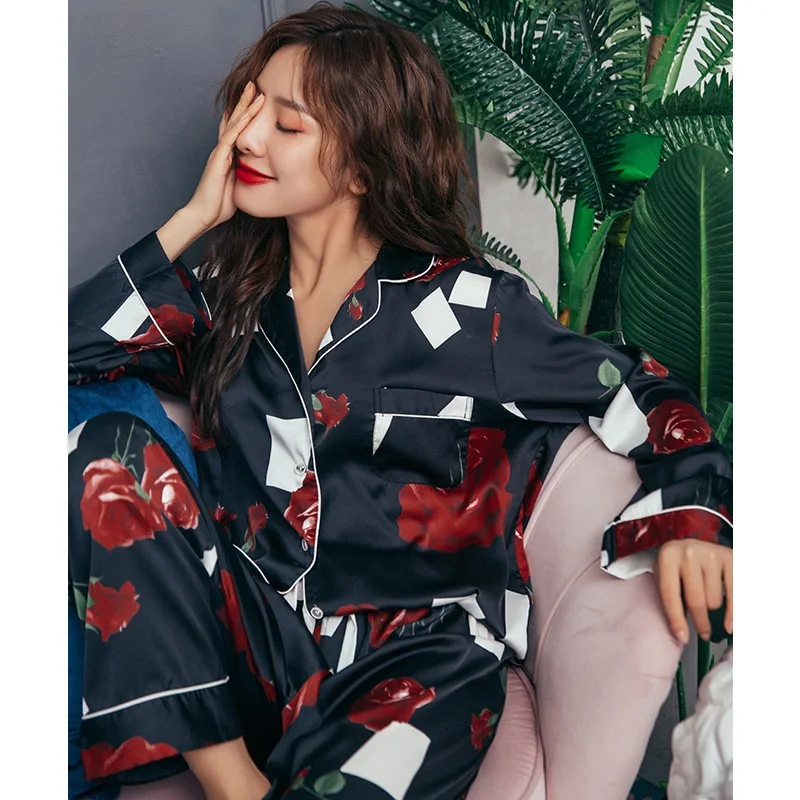 Smmoloa Autumn Winter Long Sleeves Pijama Women Nature Silk Pajamas
