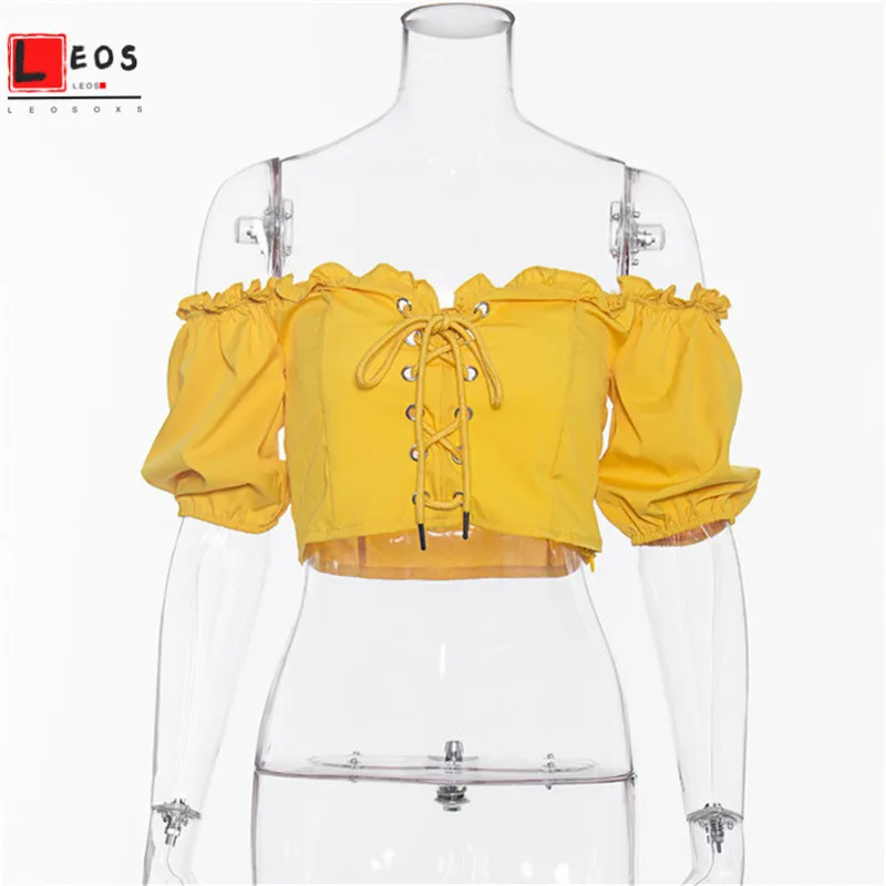 

Off Shoulder Women T-Shirts Sexy Ruffle Crop Tops Summer Bandage Short Tee Vintage Drawstring Slim Shirts Solid Fashion Lady Top