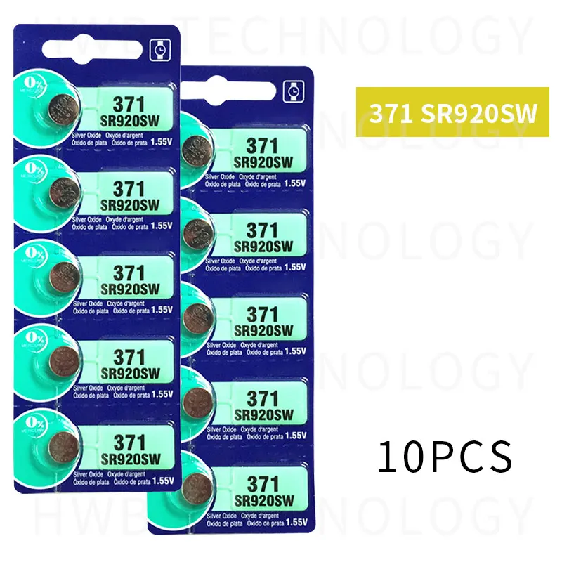 10 шт. 371 батарея SR69 SR920W SR920SW AG6 L921 605 620 280-31 280-51 Кнопка сотового телефона батарейки для часов оксида серебра Розничная карта
