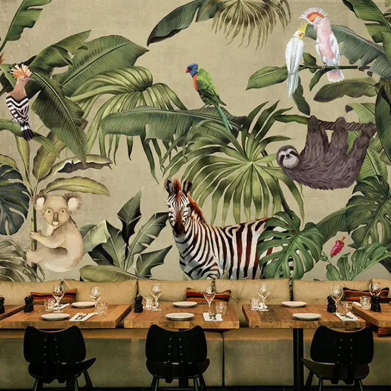 

Custom size tropical rainforest wallpaper mural Southeast Asian plants hand-painted dining room bedroom Parrot Monkey Forest