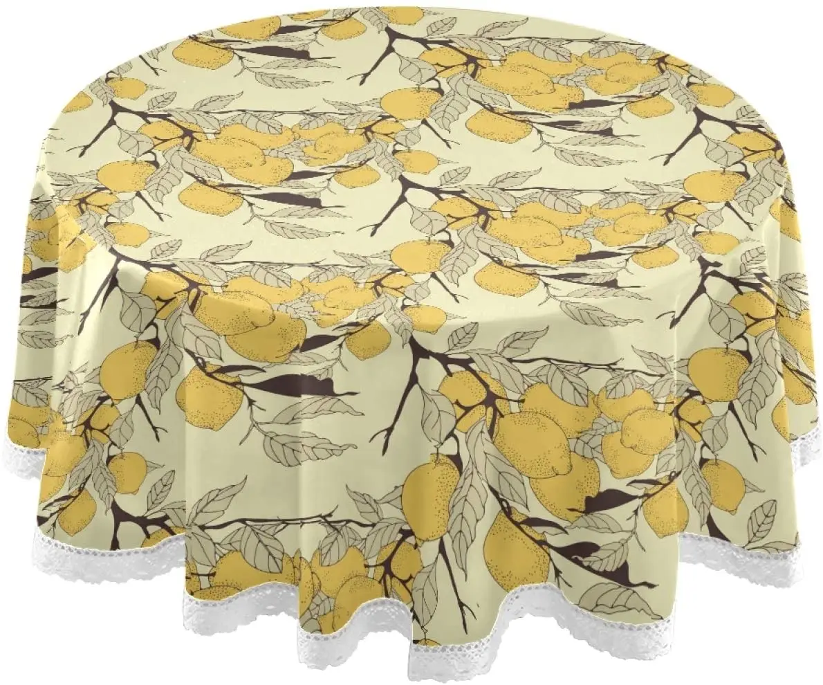 

Round Printed Lace Tablecloth Lemon Branches In Tan Tone Round Table Cover Dining Table Or dessert Coffee Table Diameter 60 Inch
