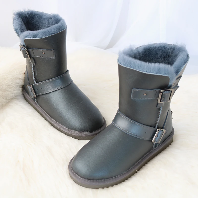 Gray waterproof G& Zaco/Роскошные зимние ботинки из овечьей кожи; ботинки на овечьем меху; женские шерстяные ботинки; женские ботинки до середины икры из натуральной овечьей кожи с пряжкой - Цвет: Gray waterproof
