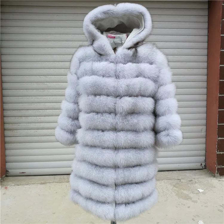 Blue Fox Ecru-hood Натуральная Шуба из натурального Лисьего меха, Женский Зимний натуральный жилет, Толстая теплая длинная куртка с рукавами, верхняя одежда пальто женское - Цвет: Blue Fox Ecru-hood
