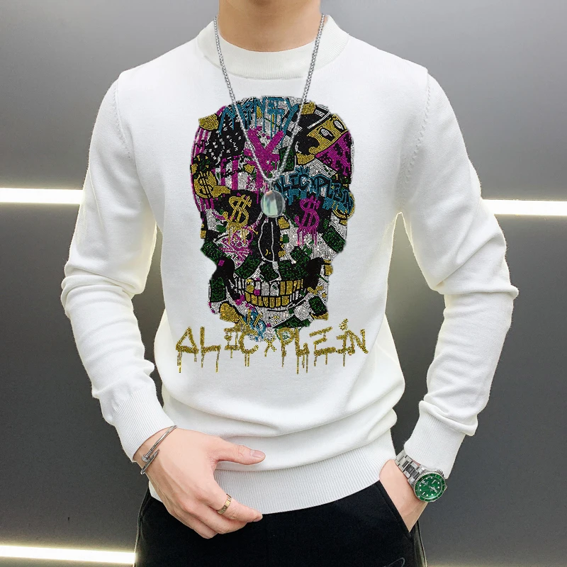 new autumn and winter brand casual mens sweater high quality hot diamond couple slim long sleeved color skull fashion pattern t free global shipping