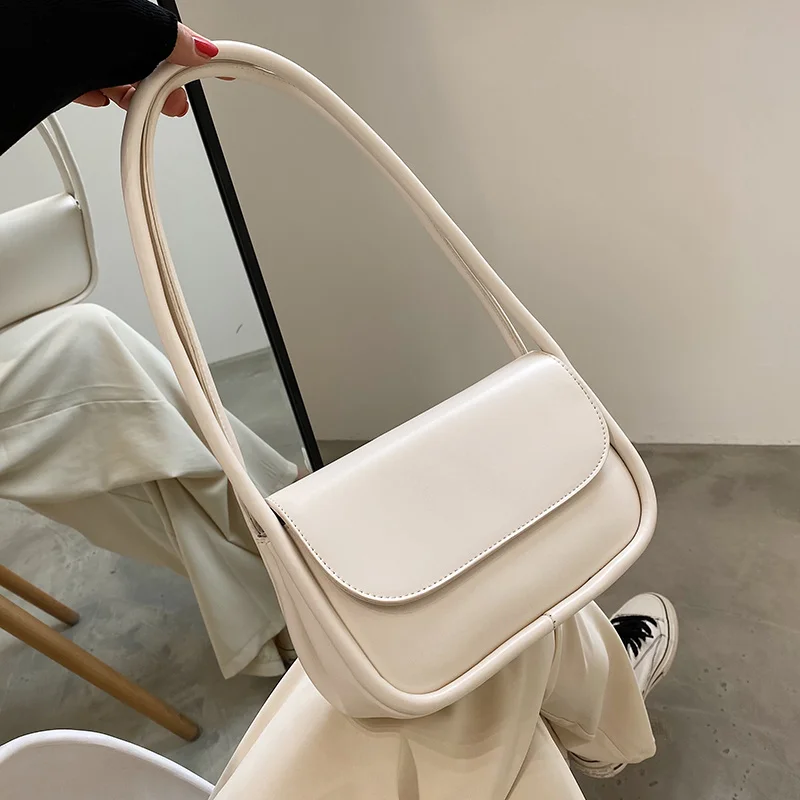 

Simple Style Small PU Leather Shoulder Bags for Women 2021 Summer Luxury Fashion Brands Trendy Elegant Baguette Handbags