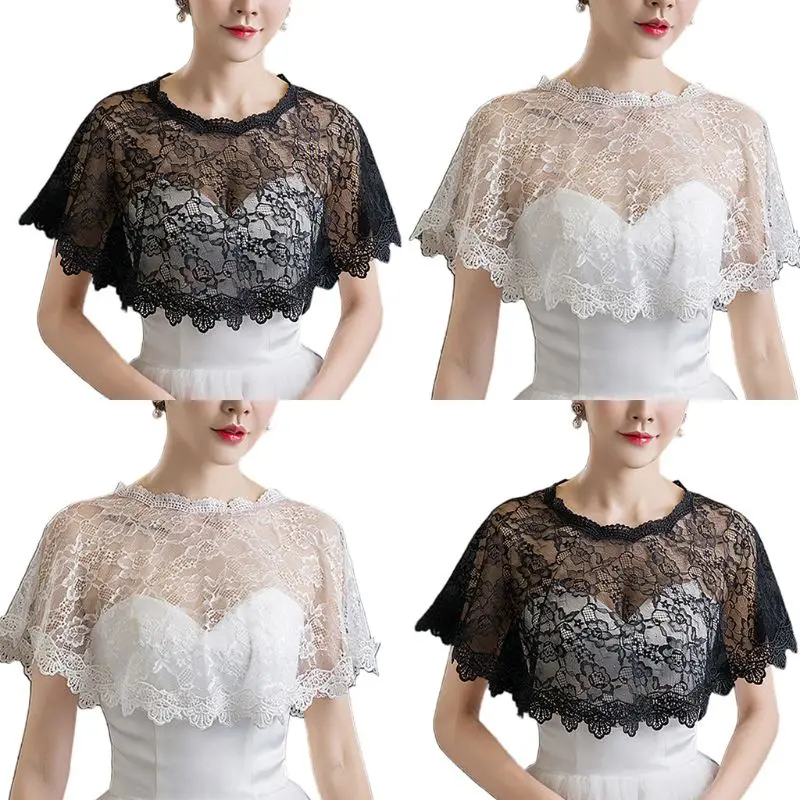 

2021 New Women Embroidery Floral Lace Cape Wrap Wedding Bridal Perspective Pullover Shawl Shrug Shoulder Covers Prom Bolero