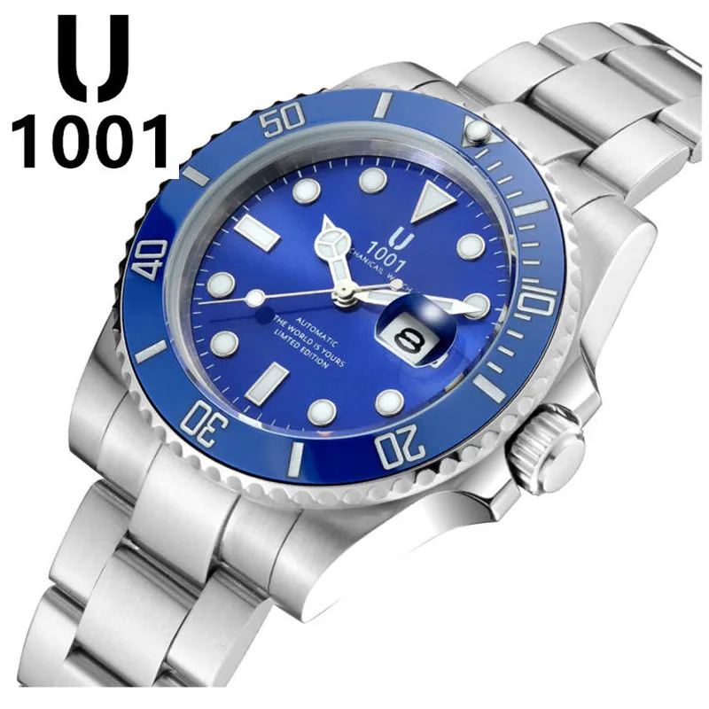 U 1001 брендовые Роскошные мужские часы с синим циферблатом автоматические из