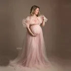 Очаровательные мягкие тюлевые платья для фотосессии для беременных с коротким рукавом трапециевидной формы со шлейфом оборками Пышные свадебные платья для беременных