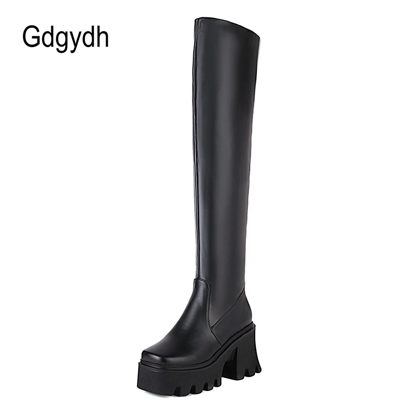 

Gdgydh Platform Rubber Boots Women Square Heel Comfort Black White Over The Knee Boots Waterproof Street Style Footwear Lady