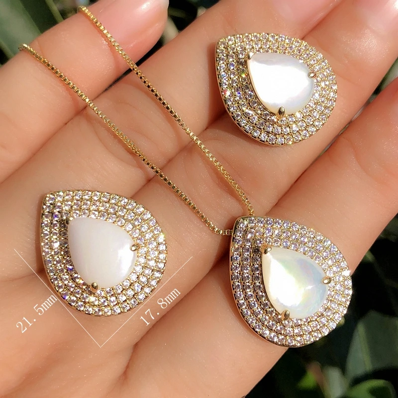 

Luxury Full pave Micro Cubic Zirconia Natural Pearl Shell Jewelry Sets Water Drop Pendant Necklace Stud Earring Women bridal Set