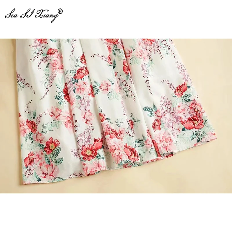 

Seasixiang Fashion Designer Autumn Women's Dress Elegant Flower Print Lace Up Single-Breasted Dresses