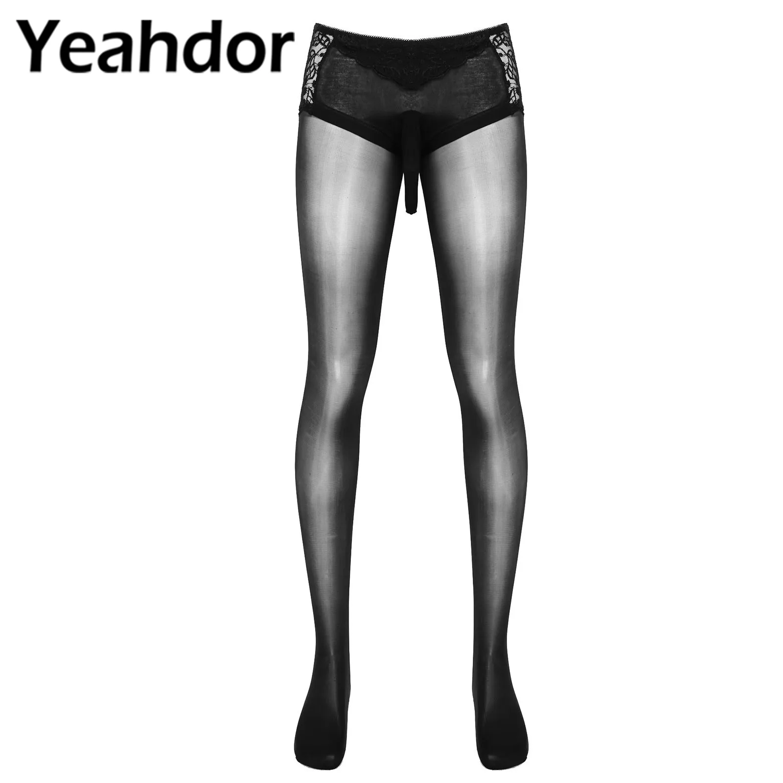 

Men Skinny Stretchy Pantyhose Lingerie Underwear Bulge Pouch See-through Lace Patchwork Tights Hosiery Sleepwear