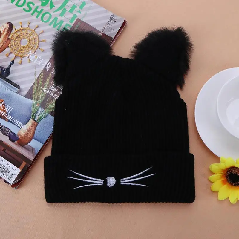 Теплая черная вязаная зимняя шапка Femme шерстяная плетеная меховая для женщин