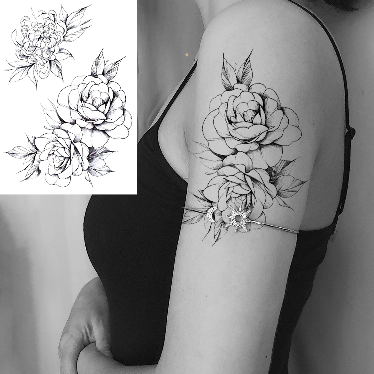Временная тату наклейка для Водонепроницаемый черный розовый цветок пиона