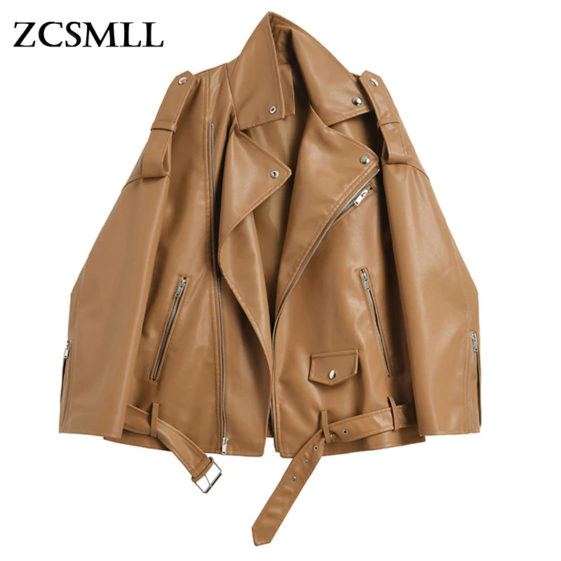 

ZCSMLL Loose Fit Pu Leather Brown Big Size Jacket New Lapel Long Sleeve Women Coat Fashion Tide Spring Autumn 2022 TH1453