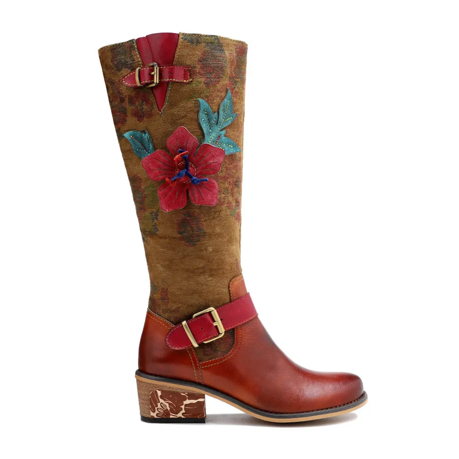 Женские этнические сапоги из натуральной кожи на высоком каблуке обувь в