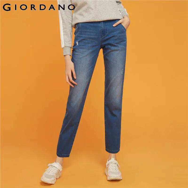Giordano женские джинсы прямые до щиколотки состаренные джинсы Whiskering джинсы Сальса Feminino средняя талия 13429805