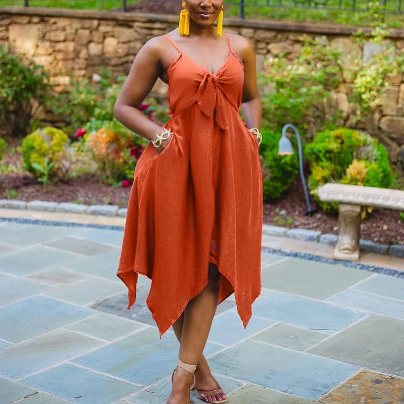 

Solid Spaghetti Strap Tie Up Front irregular Dress Women Elegant Pocket Design Casual Summer Work Dress