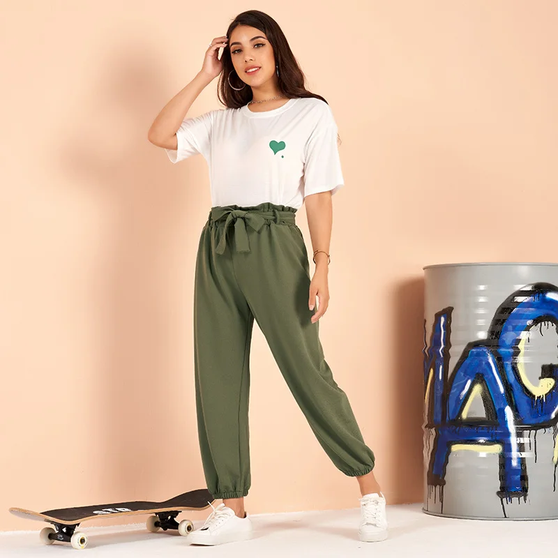 

MakFound 2021 Women's New Summer White Trouser Casual Sports Loose Love Printed O-Neck Short Sleeve College Bow Tie Tracksuits