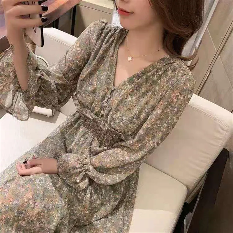 

Autumn Women Floral Print Dress Elegant Loose V-Neck Vintage Long Sleeve High Waist Casual Cute Girls Women Fresh Dresses