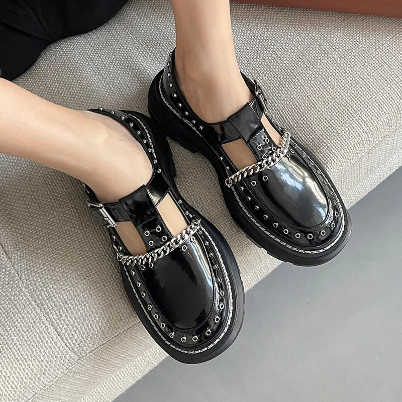 2021 Spring Platform Shoes Woman Metal Rivets Genuine Leather Chunky Heels Pumps for Women Working Women Shoes Platform Shoes