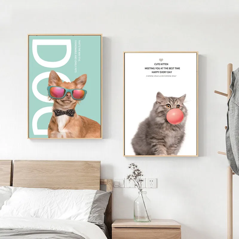 Картина на холсте с мультяшными животными в очках котятами креативная роспись