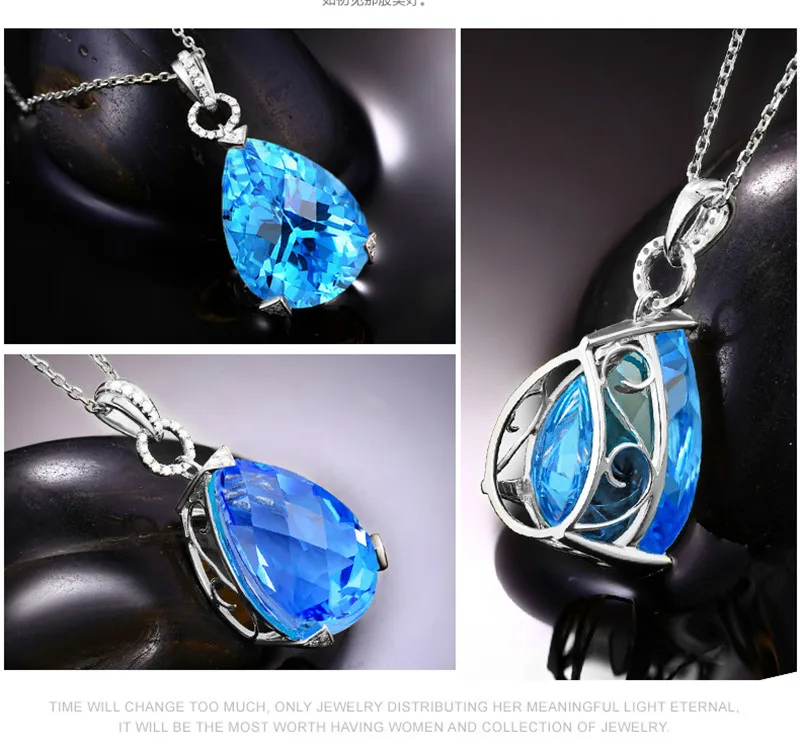 Женское серебряное ожерелье 925 пробы колье чокер с голубым кулоном в форме капли