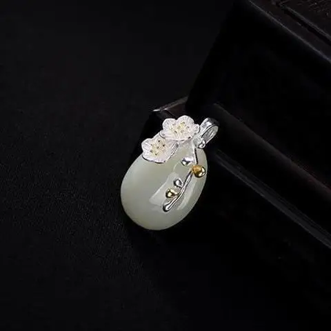 

Original S925 Sterling Silver Inlaid Natural Hetian Jade White Jade Plum Blossom Lady High-End All-Match Pendant Fidelity