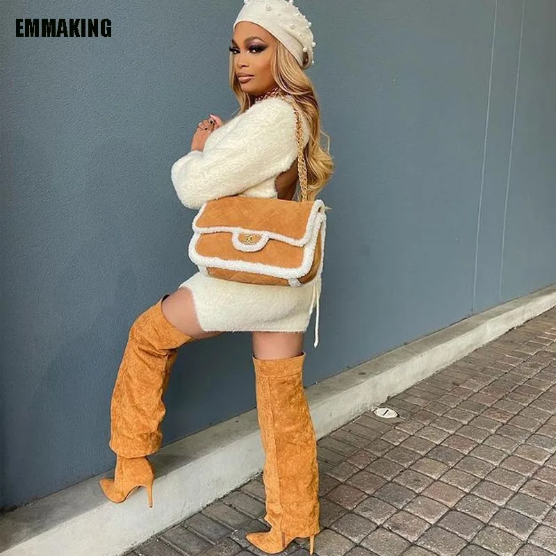 

Women Rivet Over The Knee Boots Long Casual Pants Boots Yellow Thin High Heel Long Boots Sexy Pointed Toe Party Shoes Plus Size