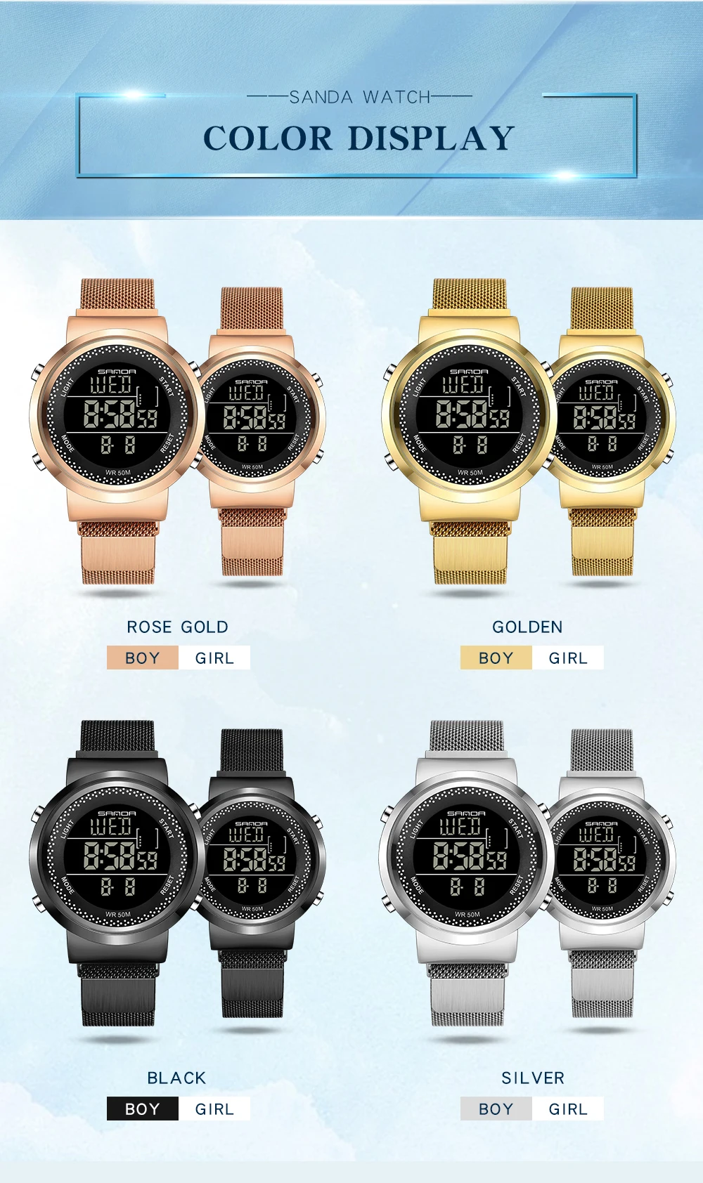 SANDA часы для влюбленных мужчин и женщин мода пара платье цифровые часы спортивные часы водонепроницаемые Relogio Masculino