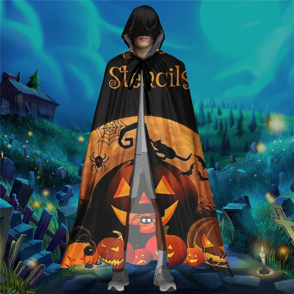 

Adult Halloween Cloak Hooded Long Cape Cool Pumpkin Print Medieval Cosplay Costume Witch Wicca Vampire Elf Purim Carnival Party