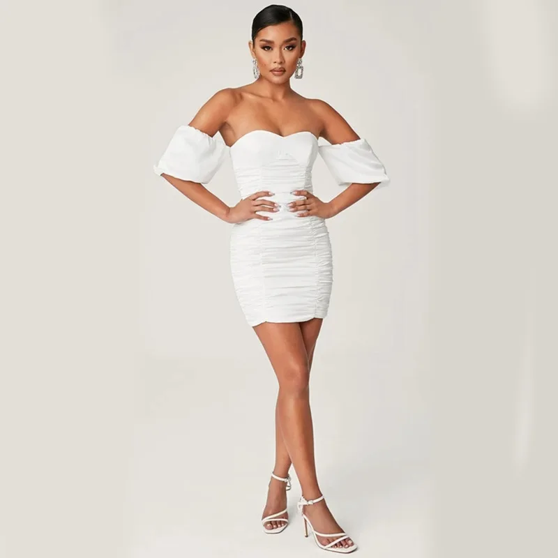 2020 new hot summer one line chest wrap skirt slim fit Hip Wrap Skirt sexy open back pure white breathable pleated women's dress | Женская