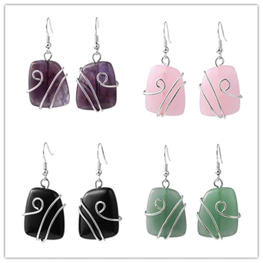 

FYJS Unique Jewelry Silver Plated Wire Wrap Irregular Shape Trapezoid 4 Colors Quartz Stone Drop Earrings for Christmas Gift